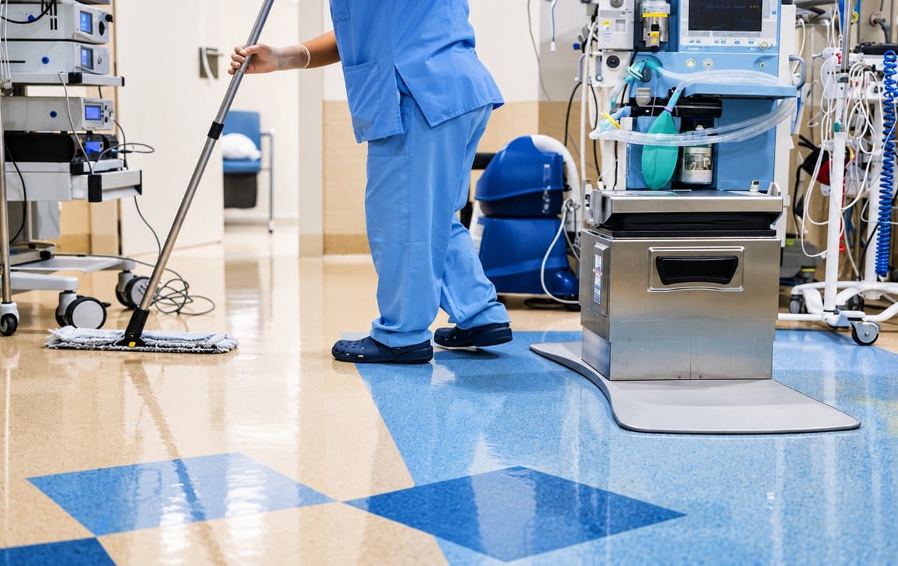 Sol d'un couloir d'hôpital lavé à la serpillière, près d'un appareil médical
