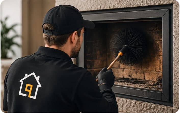 Ramoneur passant la brosse dans le conduit, depuis le foyer
