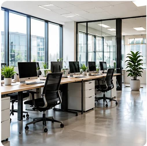Open space lumineux, bureaux alignés, chaises noires et plantes vertes