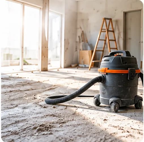 Aspirateur de chantier et escabeau dans une pièce en travaux, sol couvert de poussière